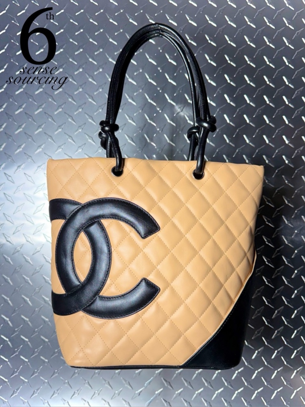 Chanel Vintage Cambon Ligne Quilted Medium Logo Tote in Beige/Black